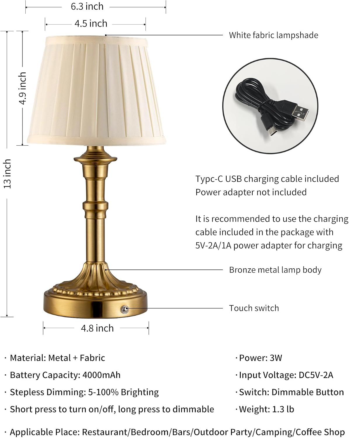 KDG Gold Cordless Portables Table Lamp, Beige Fabric Shade Small Desk Lamp | 4000mAh Battery Powered, LED Lighting