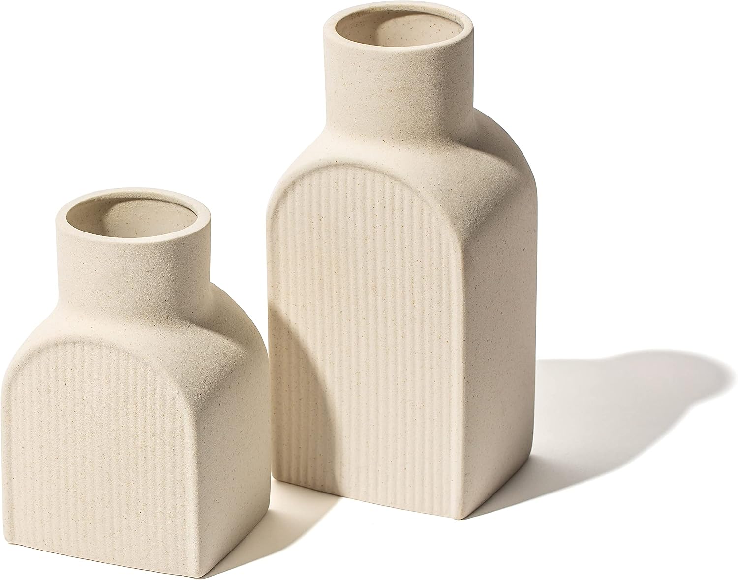 Ceramic Ribbed Vases / Bottle Flower Planter Set. Scandi Style Home Decor. Neutral