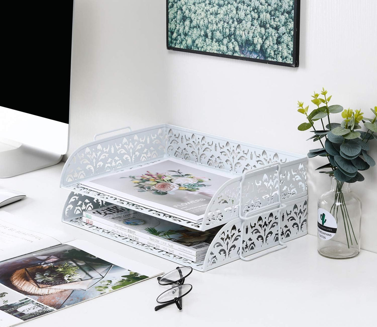 2 Tier Desktop File Organizer Metal Stackable Letter Tray Paper Holder Rack for Desk, White