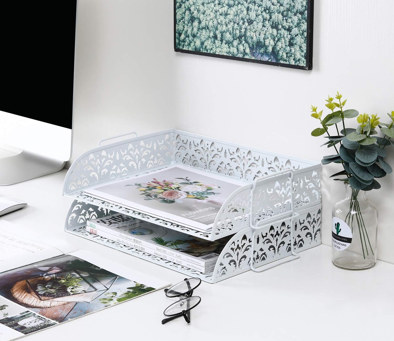 2 Tier Desktop File Organizer Metal Stackable Letter Tray Paper Holder Rack for Desk, White