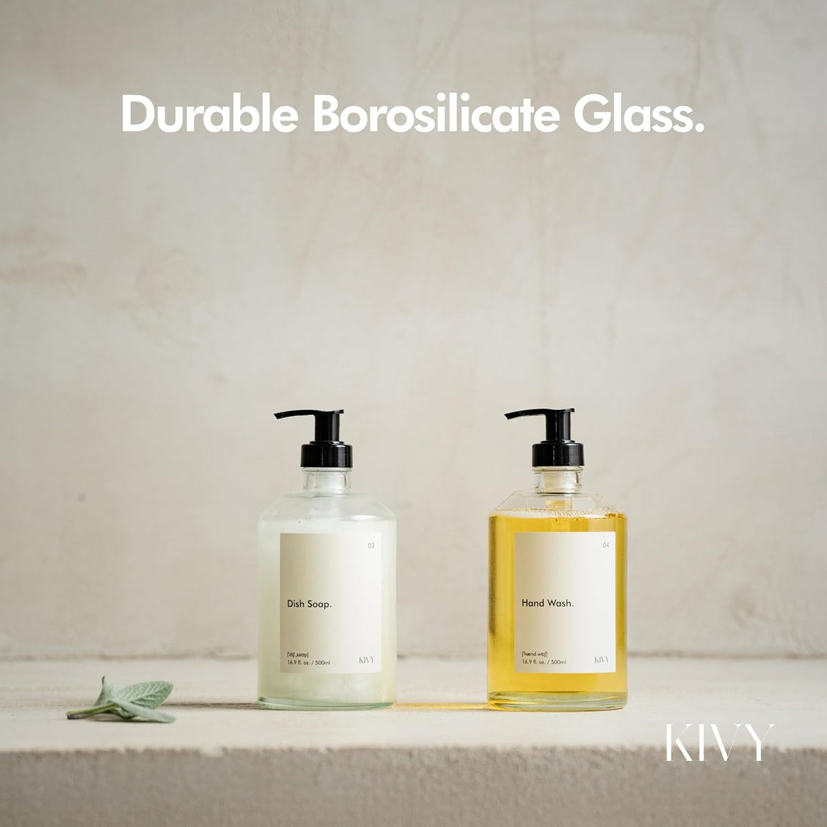 KIVY Glass Soap Dispenser Set [INCL. Waterproof Labels] - Glass Soap Dispenser with Pump - Hand Soap and Dish Soap Set