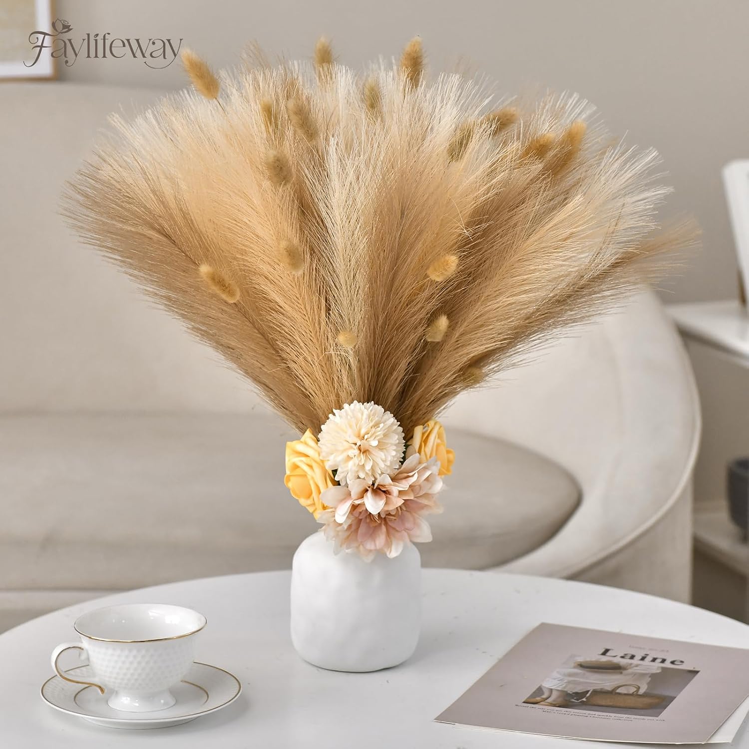 Artificial Pampas Fake Flowers Fluffy Vase Filler / Sand Beige Light Brown / 17 Inch / Set of 50