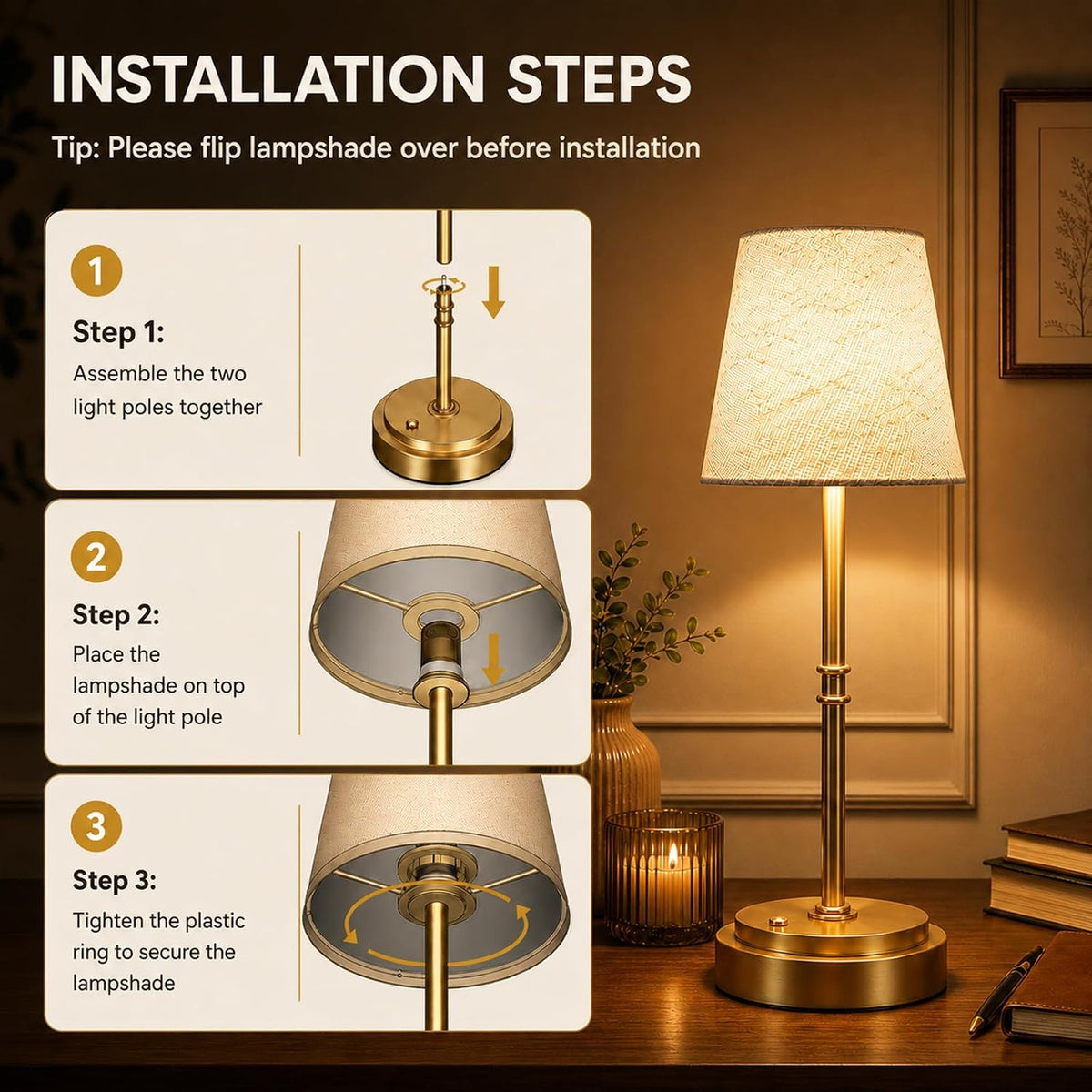 Rechargeable Cordless Table Lamp, Nightstand to End Table,Gold,1 Pack | 6000mAh Battery Operated, 16-Inch Antique Brass