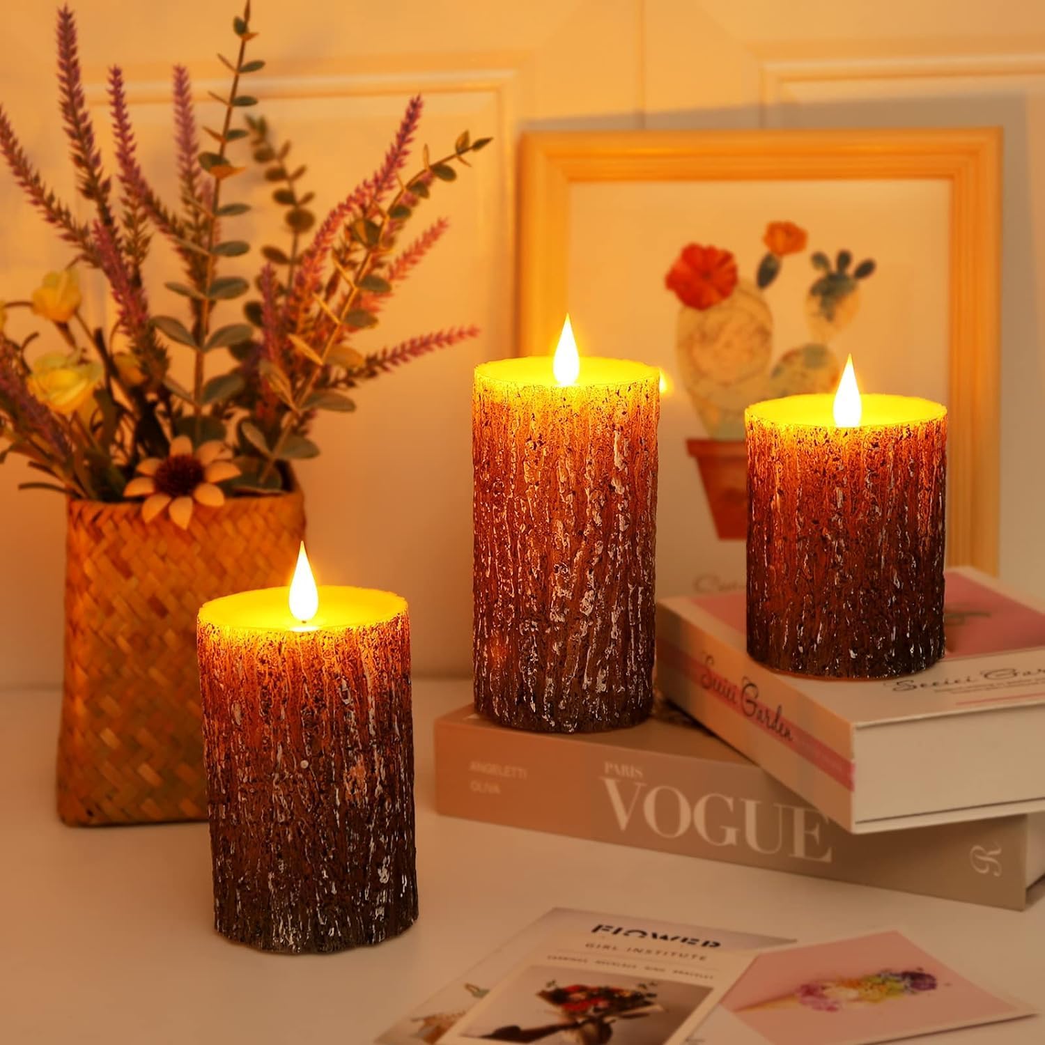 AKU TONPA Pine Bark Effect Flameless Candles Battery Operated Pillar Real Wax Flickering Electric LED Candle Sets with