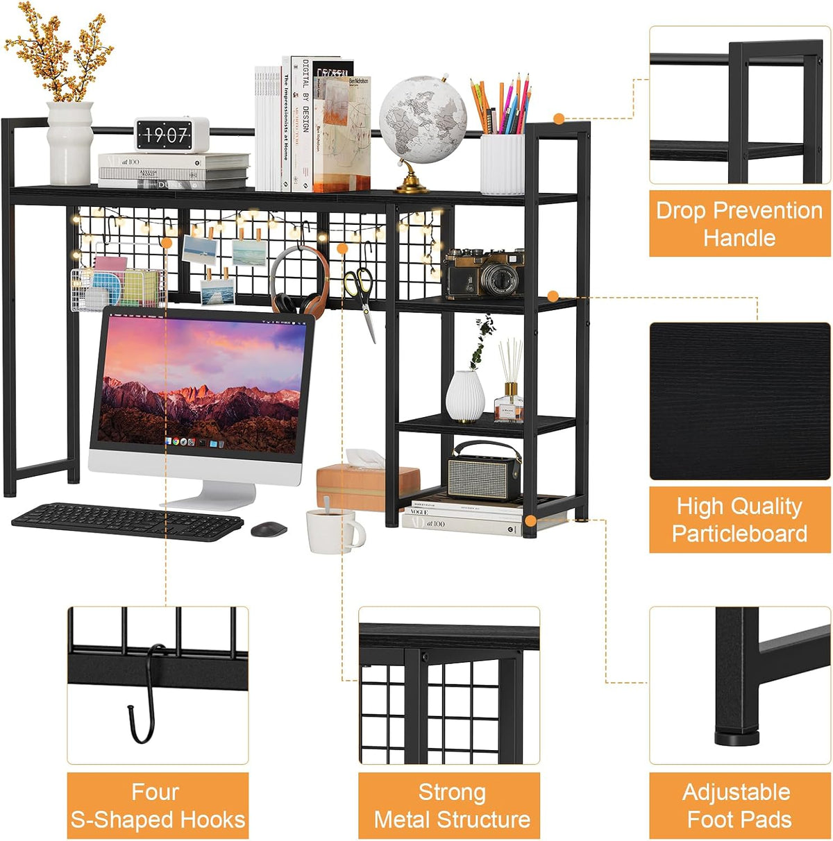 Snughome Desk Shelf, 44.9" Desktop Organizer Shelf, Desk Hutch for Computer Monitor, 4 Tier Desk Display Rack with