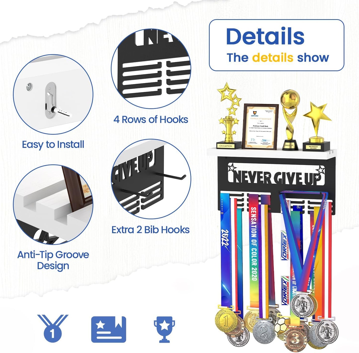 Medal Holder Display Trophy Shelf Organizer, Sturdy Wooden Race Award Hanger Rack with 25 Steel Hooks, Wall Mount