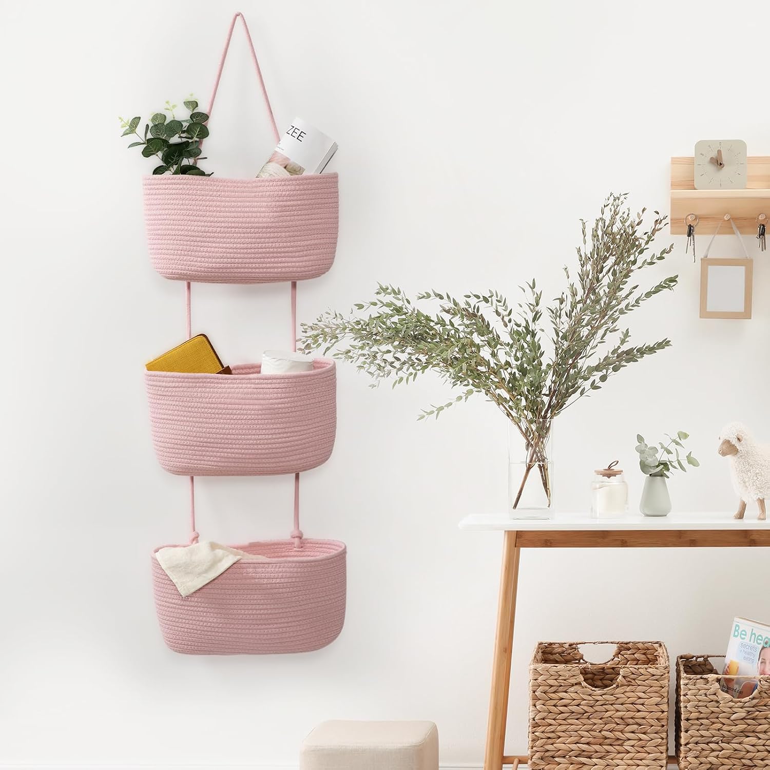 3-Tier Woven Cotton Wall-Mounted Storage Organizer Bag Decorative Hanging Nursery / Pink