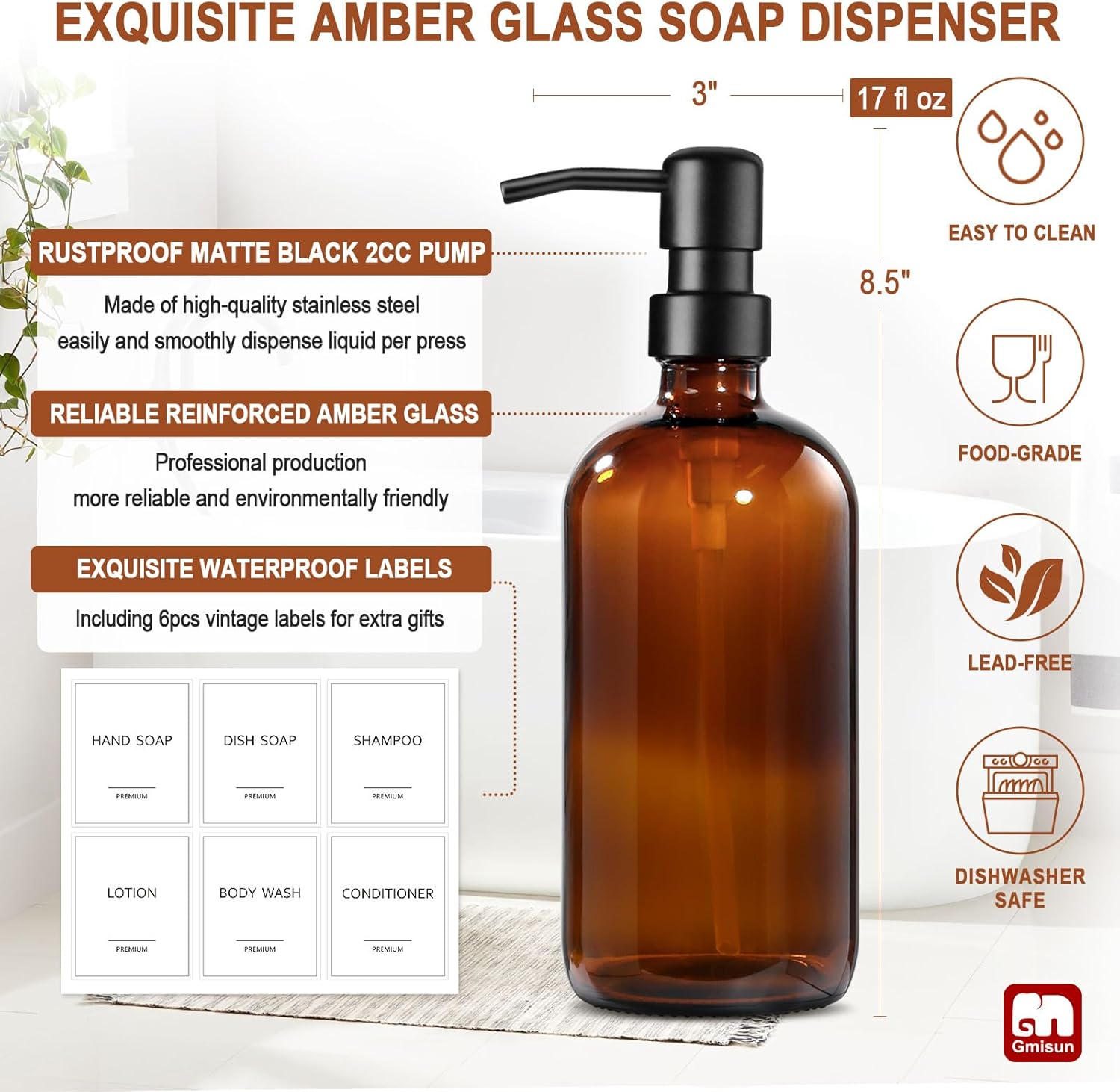 GMISUN Amber Glass Soap Dispenser, 4 Pack Bathroom Hand Soap Dispensers with Stainless Steel Pump, 17 Fl Oz Kitchen