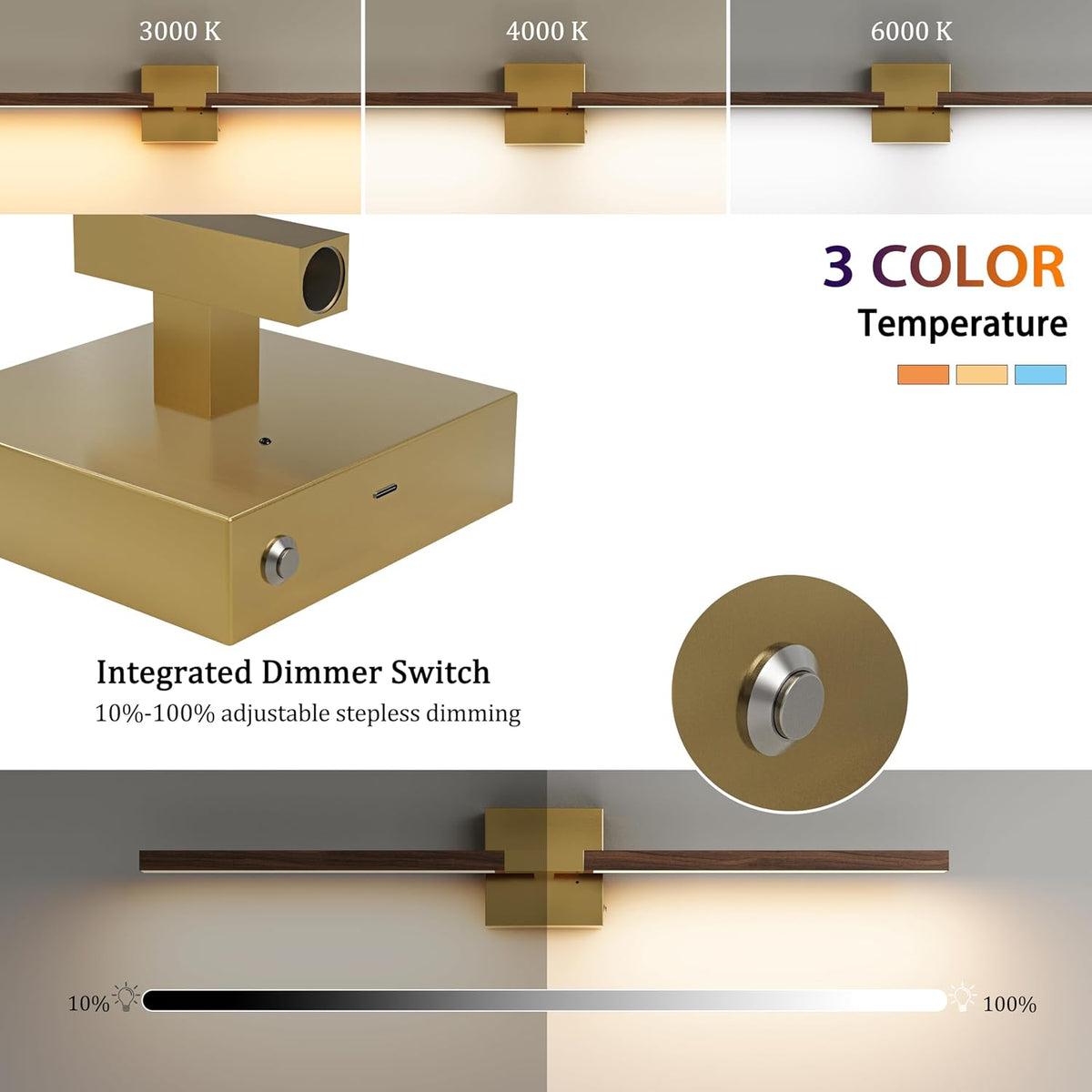 Rayogale Gold & Walnut Wireless Wall Sconce with Remote Control, 24 Inch | 3000/4500/6000K Dimmable 8000mAh