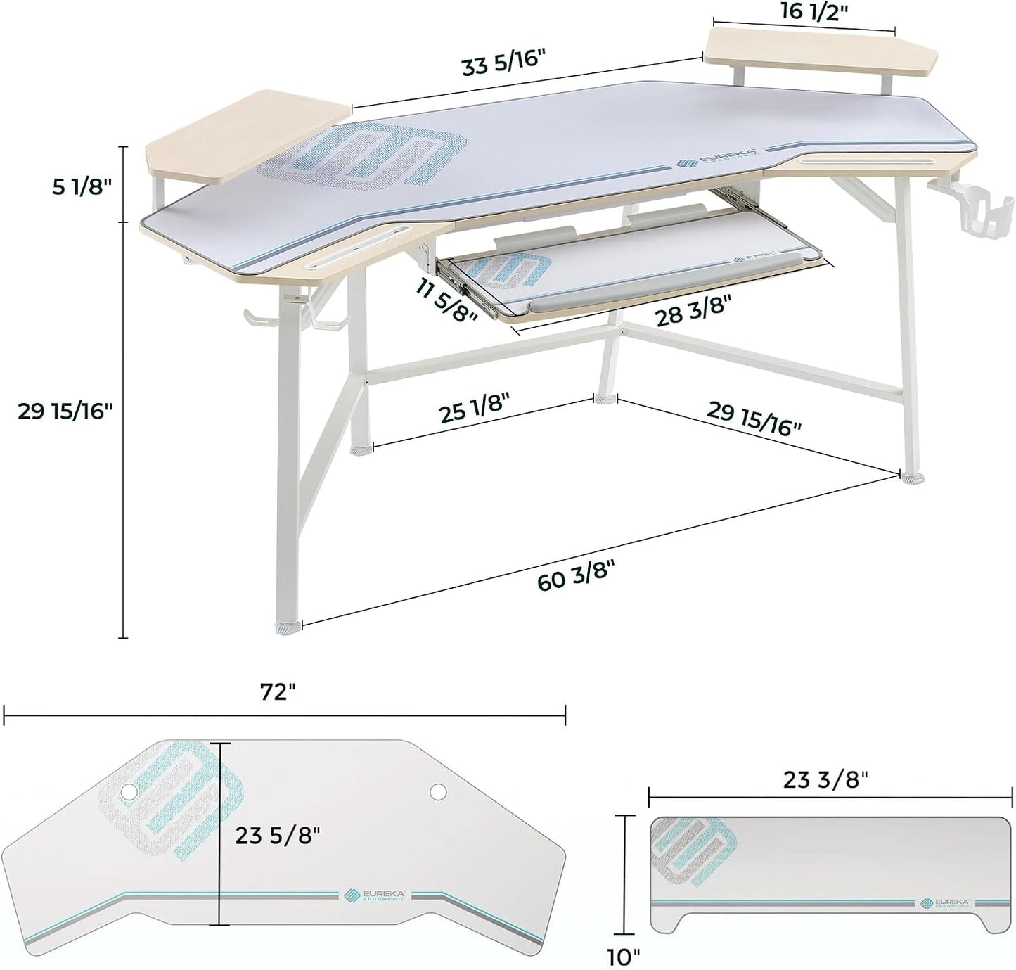 EUREKA ERGONOMIC Gaming Desk Wing Shaped Keyboard Tray 72 Inch Maple | LED monitor stand with dual headphone hooks and
