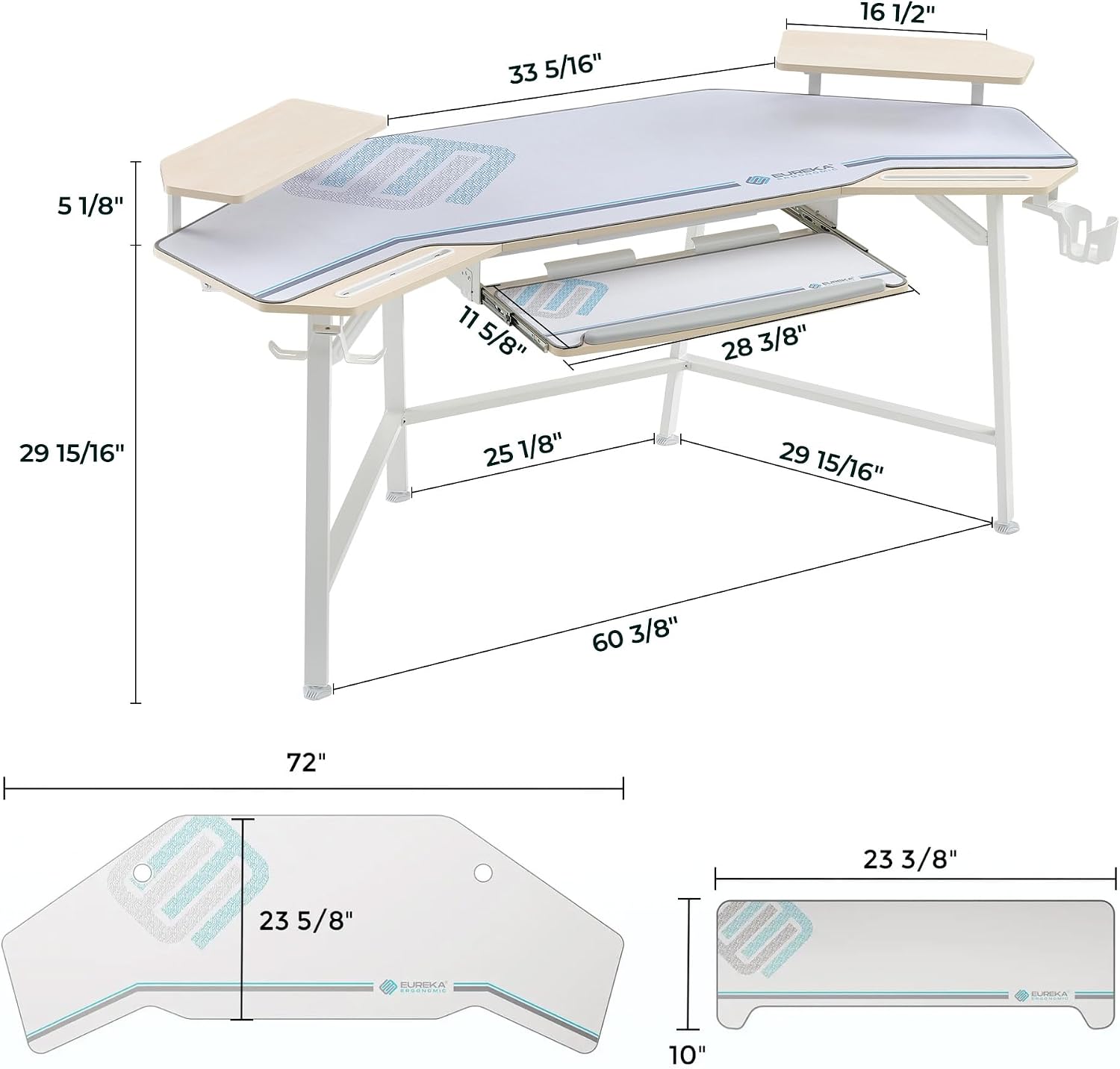 EUREKA ERGONOMIC Gaming Desk Wing Shaped Keyboard Tray 72 Inch Maple | LED monitor stand with dual headphone hooks and