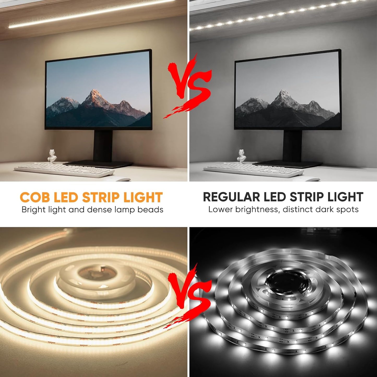 3 Pack COB LED Strip Lights, 3.3ft 320 LEDs Battery Powered LED Strip Lights, Dimmable Cuttable light strips for
