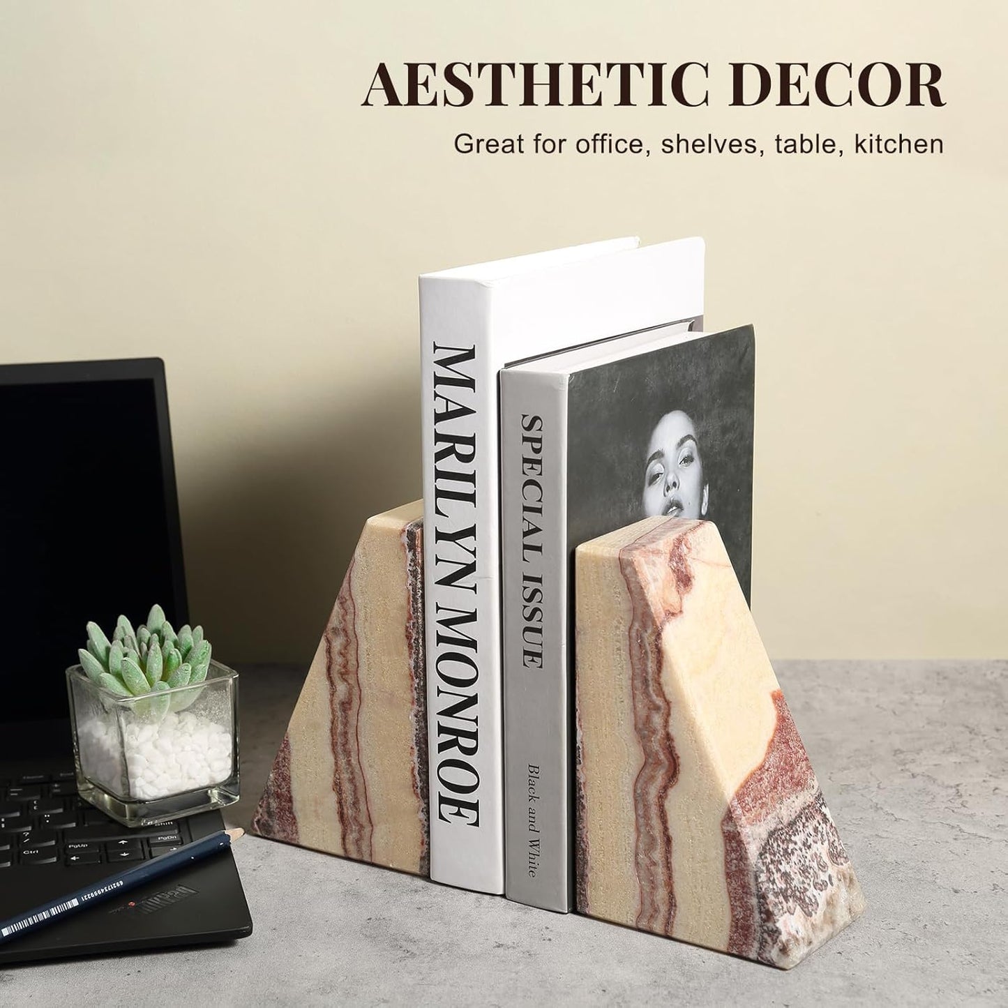 Bookends / Non-Slip Heavy Duty Book Stopper / Onyx / Natural