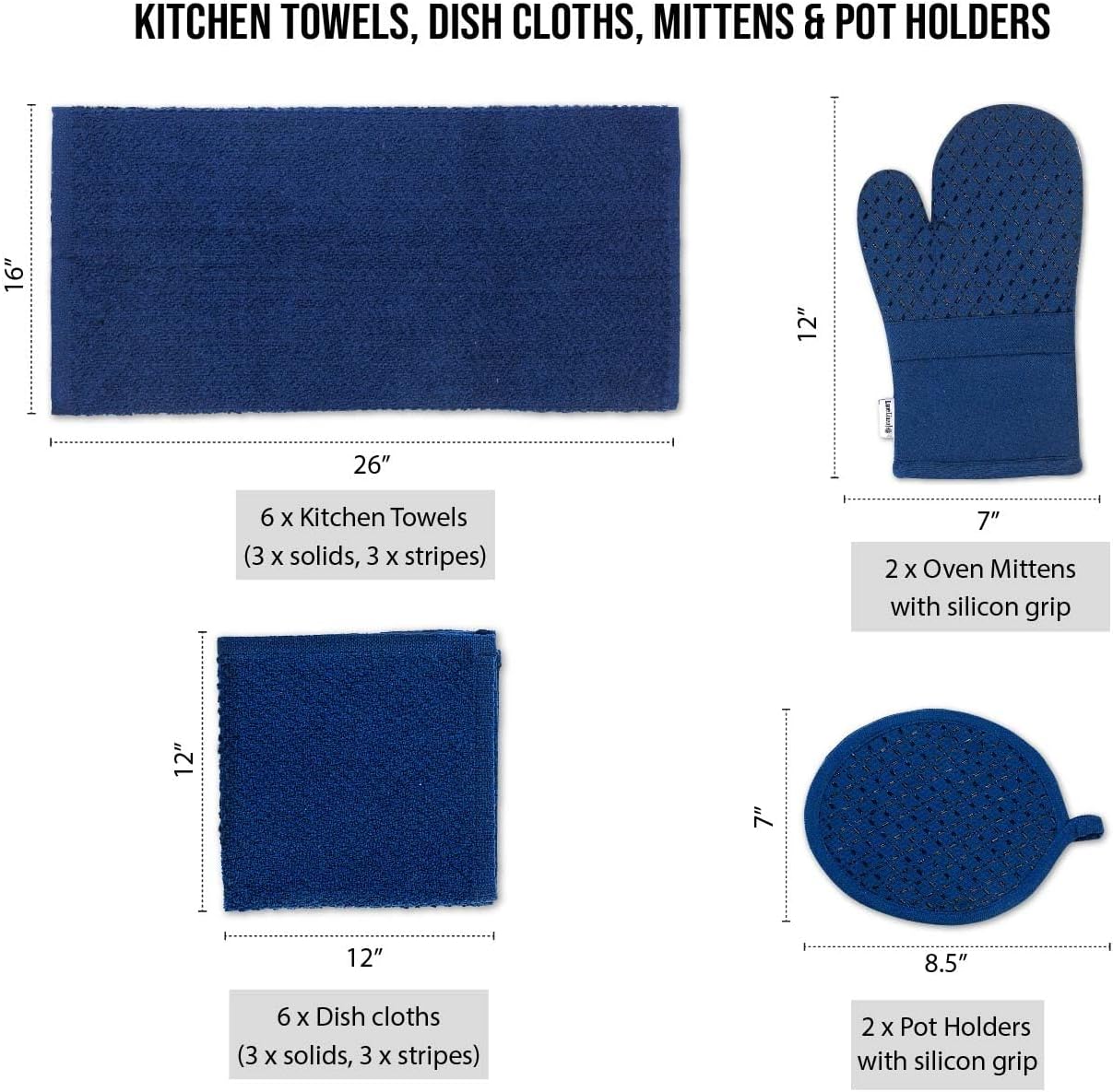 LANE LINEN Tea Towels - 16 Pc Set with Silicone Oven Mitts and Pot Holders, Cotton Kitchen Towels, Absorbent Dish and