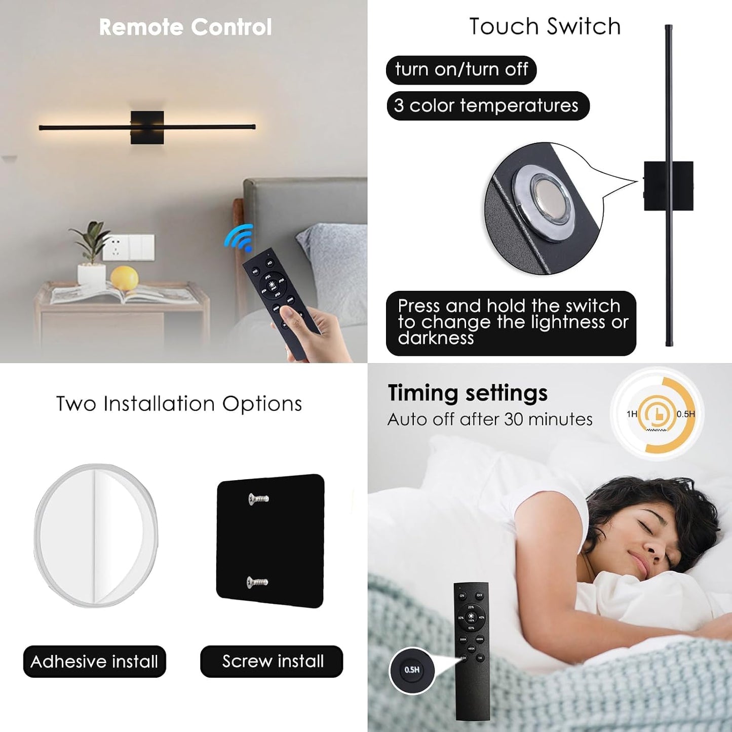 15800 mAh Battery Operated Wall Sconces with Remote Control Dimmable Wall Sconces Set of Two 3000K LED Matt Black