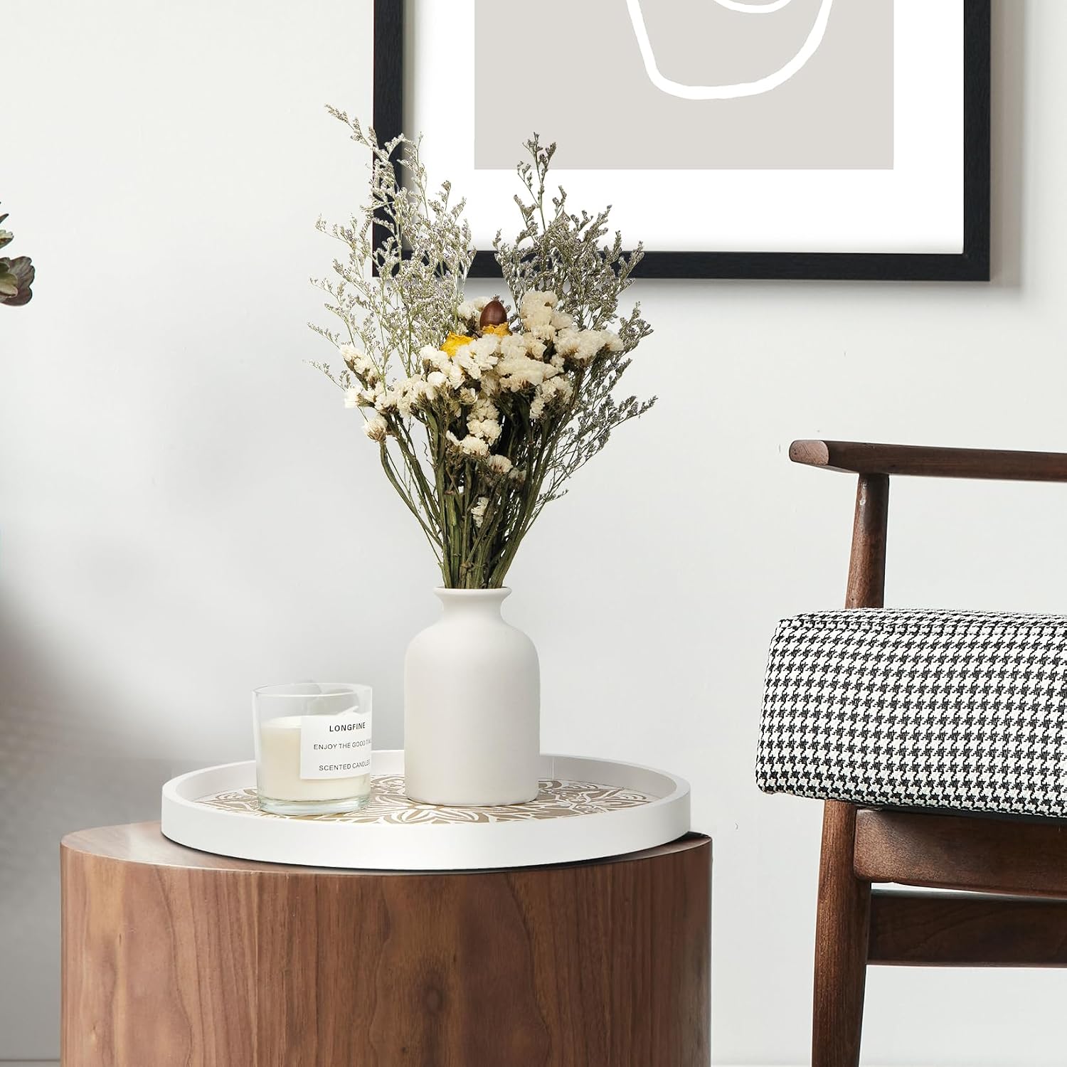 Wood Texture Boho Ottoman Serving Tray / White