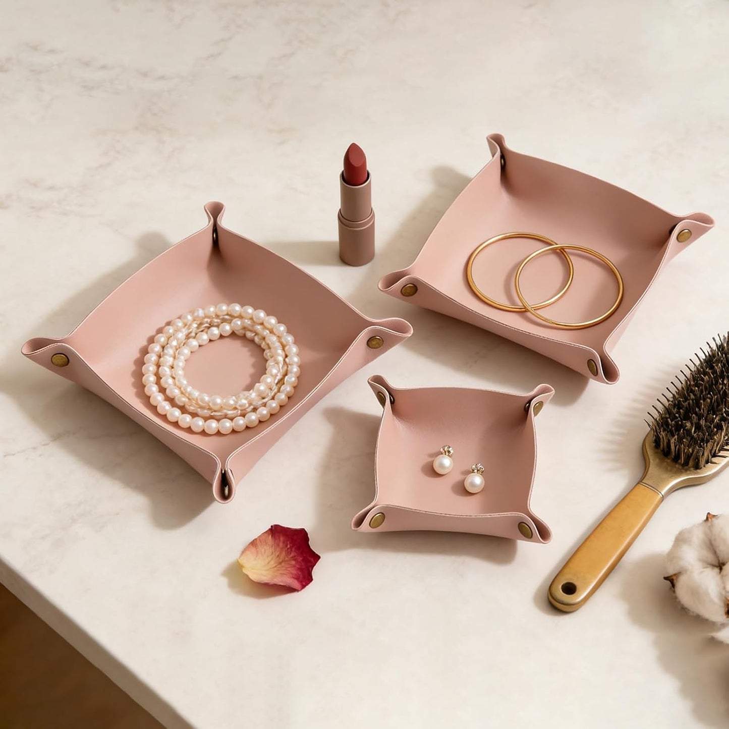 3 packs PU Leather Tray in 3 Sizes Jewelry Tray Glossy Leather Desk Organizer Leather / Morandi Pink