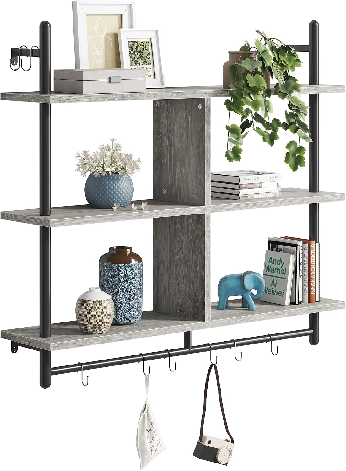 Bestier 41" Floating Kitchen Shelves Wall Mounted 3 Tier Coffee Bar Mug Shelf Hanging with 8 Hooks Display Plant Pipe