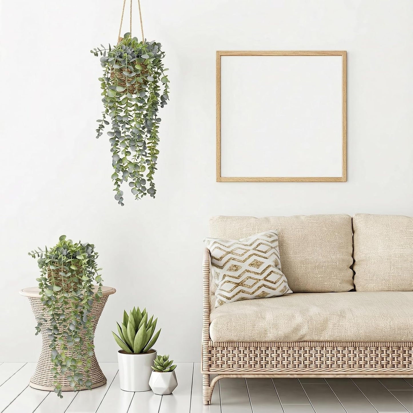 Artificial Hanging Plants in Woven Basket / Full