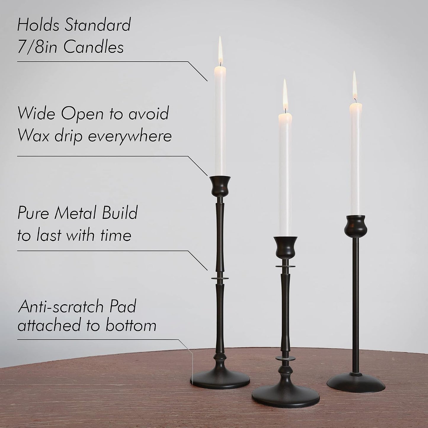 Matte Black Taper Candlestick Holders Set of 3 - Metal Candle Stick Holders