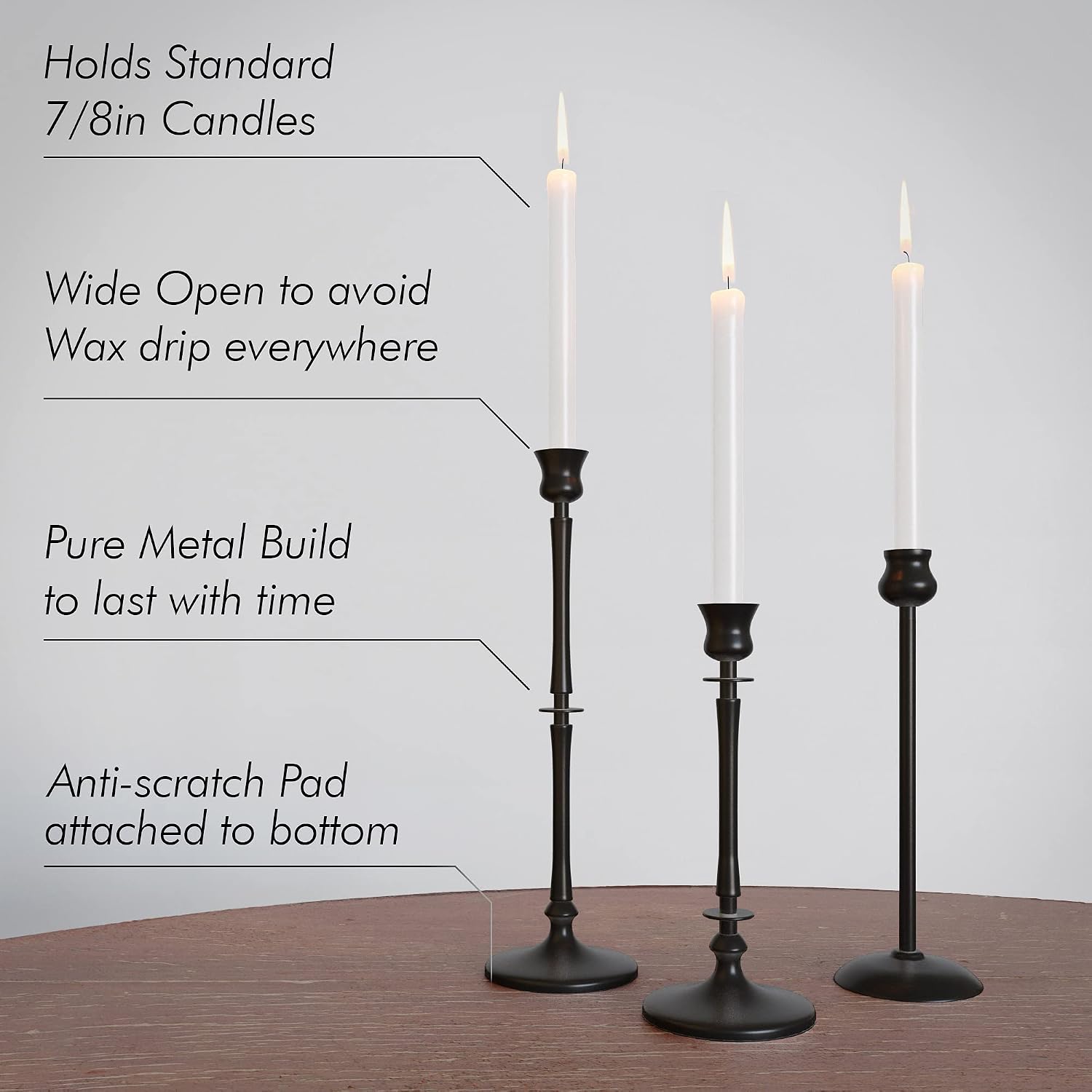 Matte Black Taper Candlestick Holders Set of 3 - Metal Candle Stick Holders