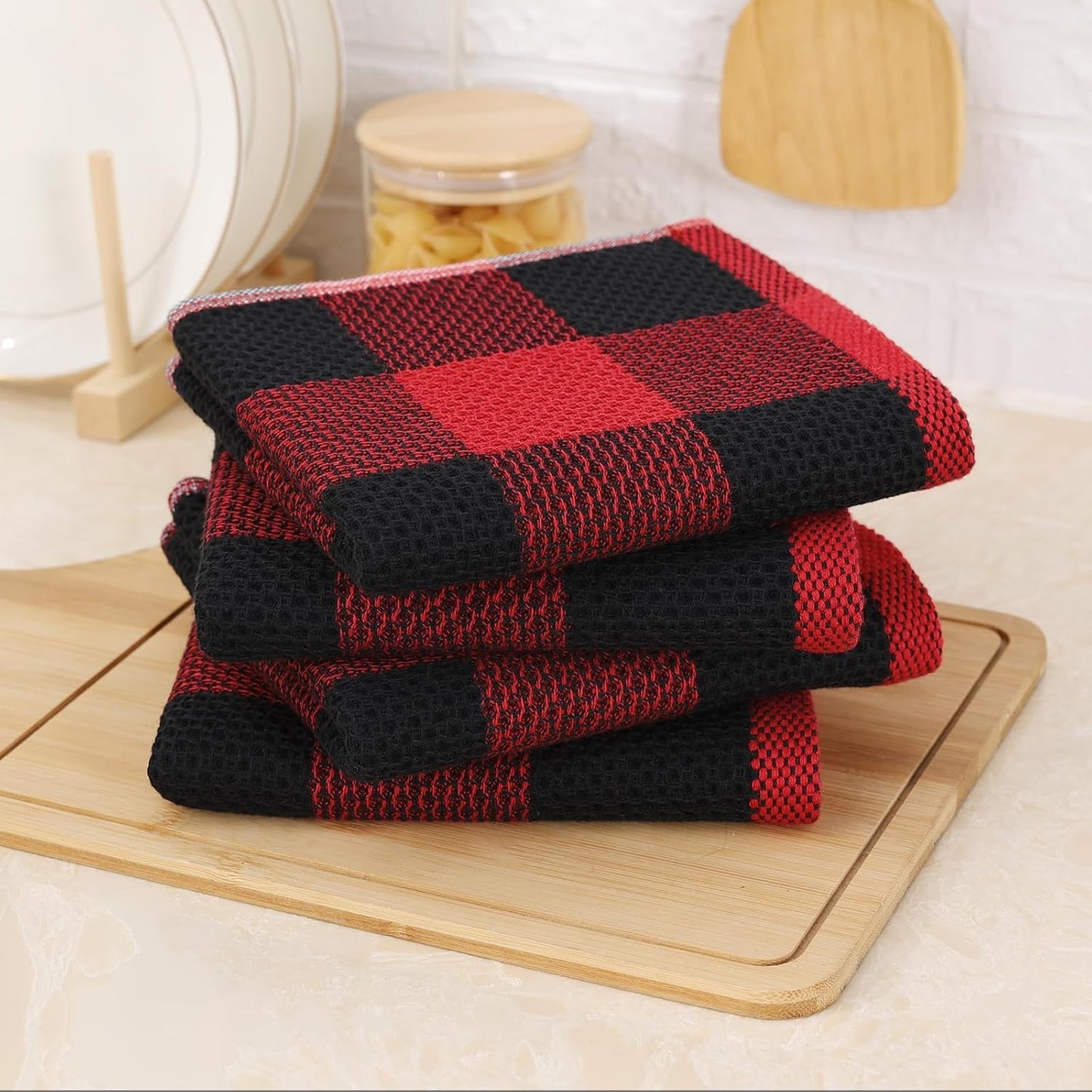 Mordimy Cotton Waffle Weave Kitchen Towels, 13"x 28", 6 Pack, Black & Red | Super Soft and Absorbent Buffalo Check