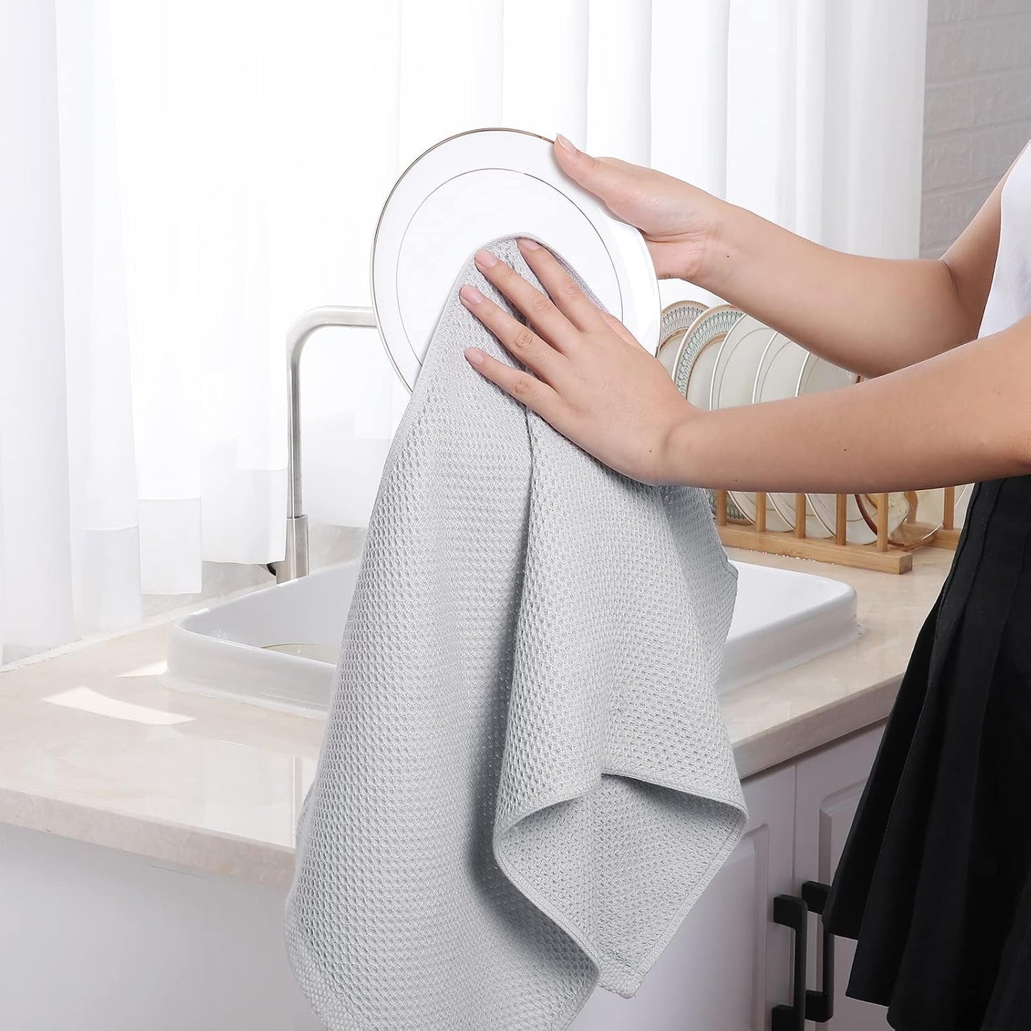 Homaxy 100% Cotton Waffle Weave Kitchen Dish Towels 8-Pack, Light Gray | 13 x 28 Inches, Ultra Soft Absorbent Dish