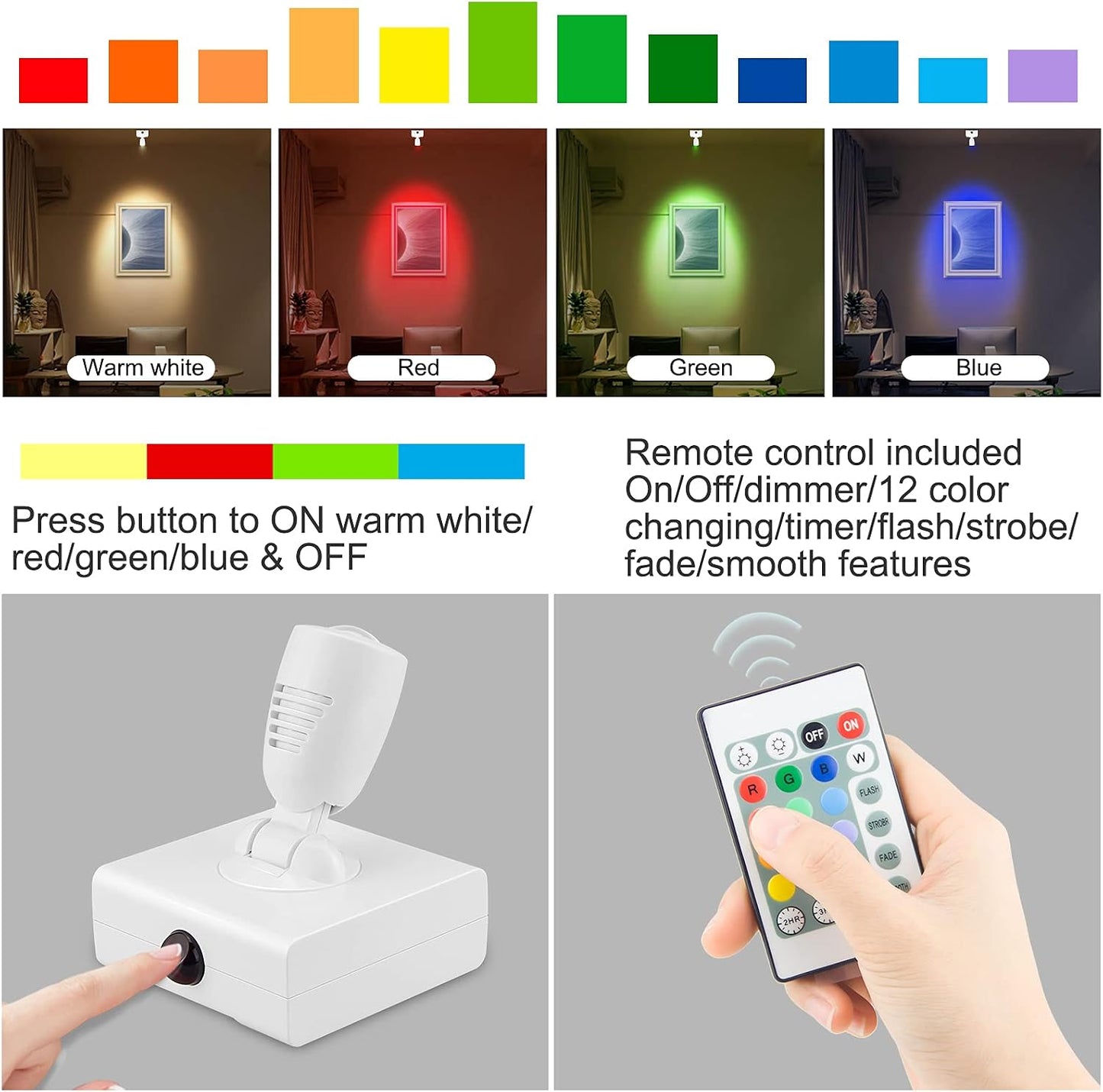 Wireless LED Spotlight, Wall Picture Lights,12 Colors Changing Accent Artwork Lighting, Picture Light for Paintings