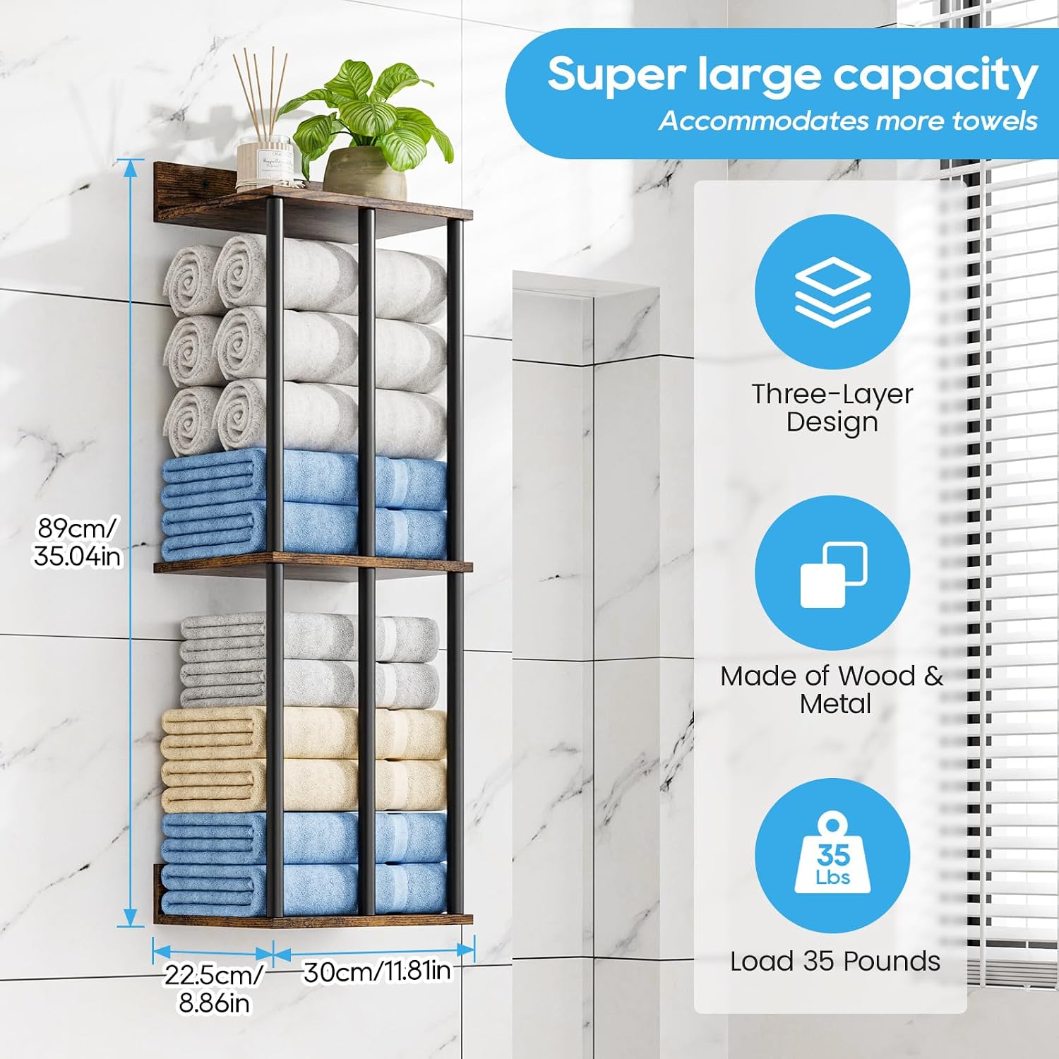 Towel Racks for Bathroom Wall Mounted with Wooden Storage Shelf | Updated 3 Bar Metal Towel Holder for Rolled Towels