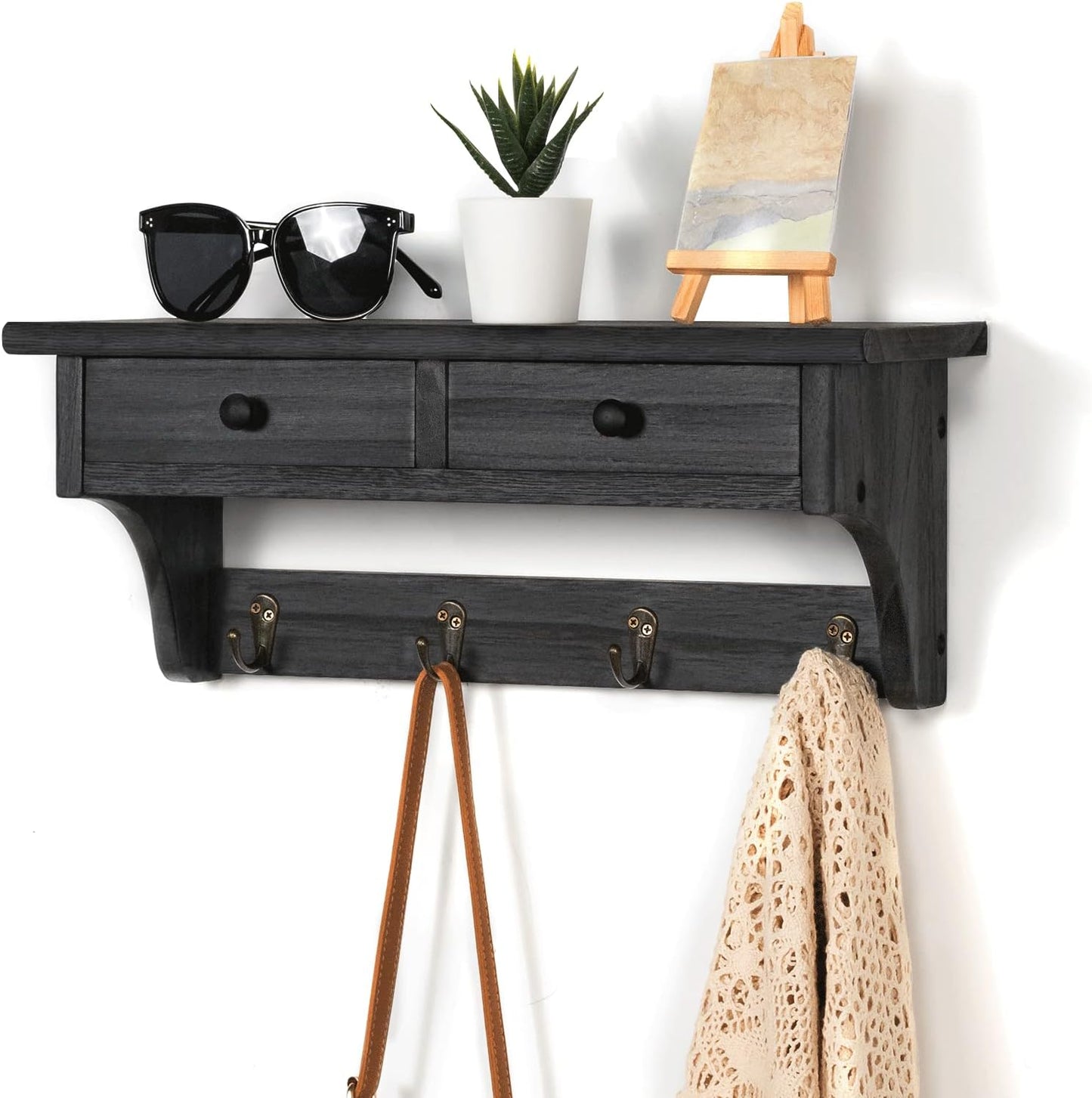 Emfogo Wood Coat Hooks Wall Mounted, Rustic Style with 4 Hooks & Shelf for Entryway, Mudroom, Bedroom, Kitchen