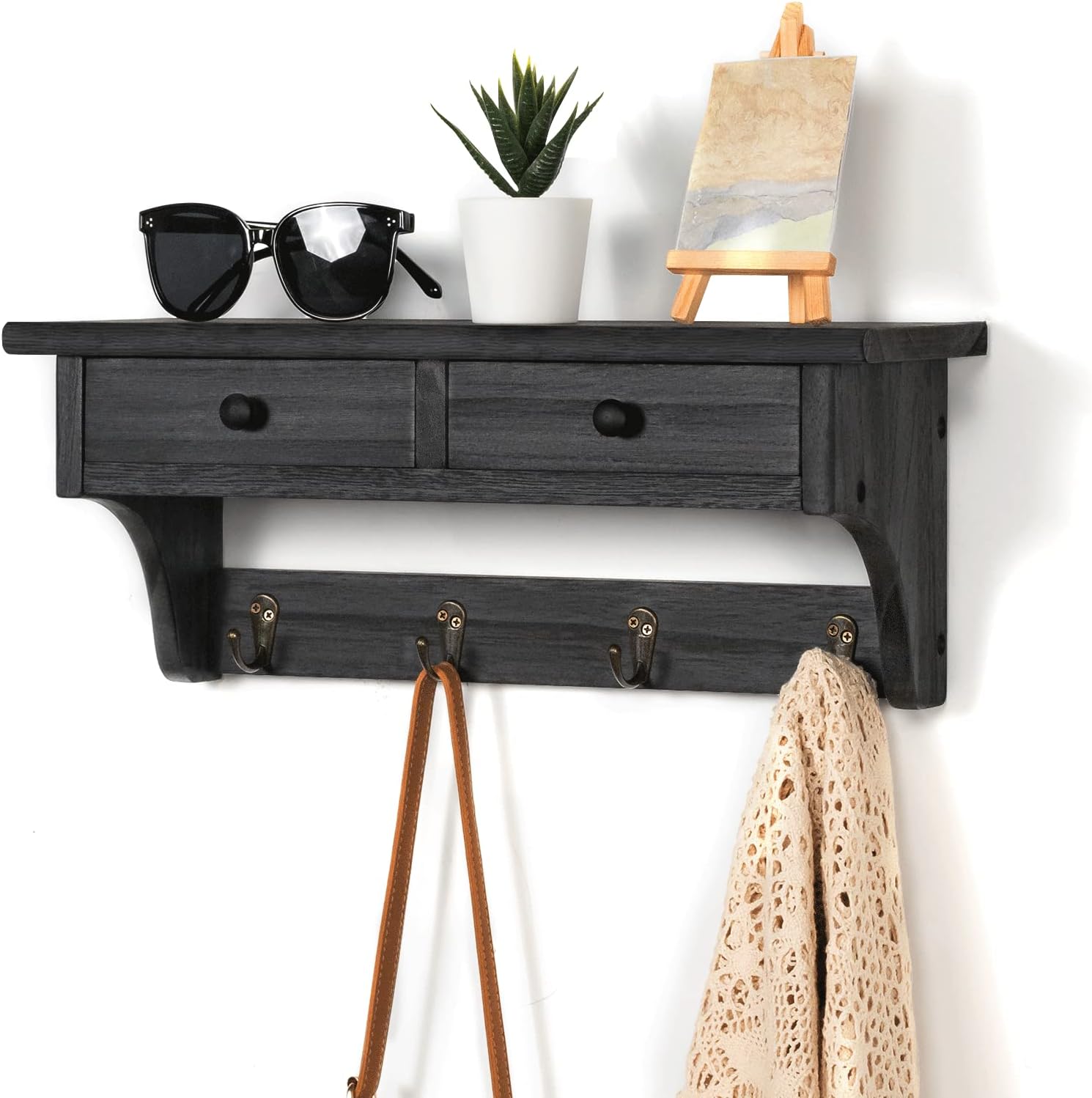 Emfogo Wood Coat Hooks Wall Mounted, Rustic Style with 4 Hooks & Shelf for Entryway, Mudroom, Bedroom, Kitchen