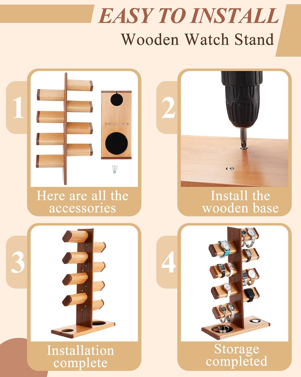 Vercraft Wooden Watch Stand Watch Display Holder Tower Wood Display Stand with Charging Station Jewelry Organizer for