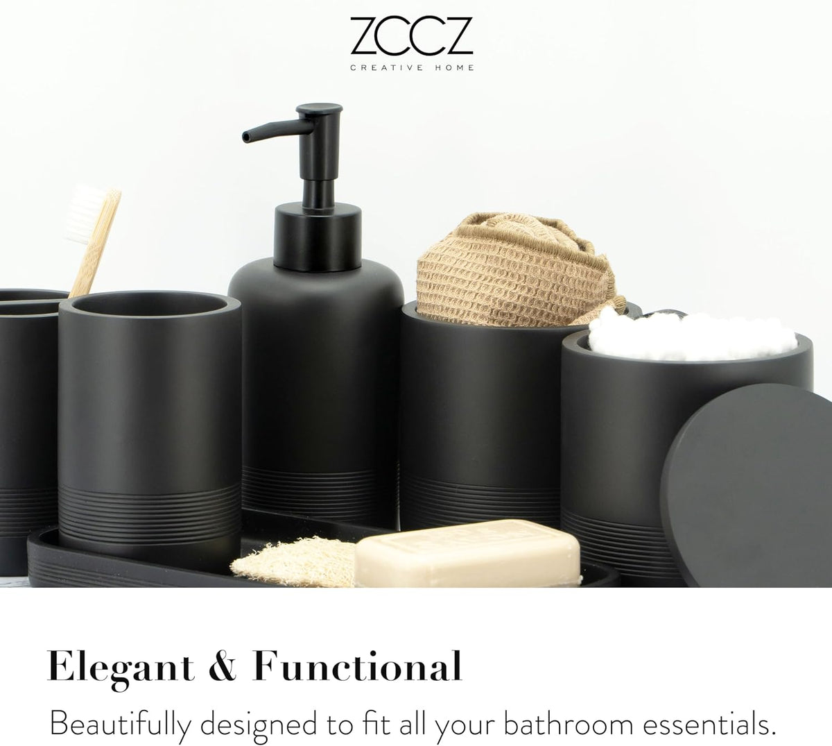 Black Matte Bathroom Accessories Set 6 Pieces - Toothbrush Holder, Lotion Dispenser, Qtip Container, Vanity Tray