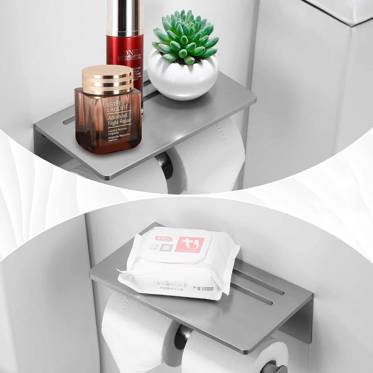 Toilet Paper Holder - Aluminium Double Roll Toilet Tissue Holder with Mobile Phone Shelf for Bathroom, 3M Self Adhesive