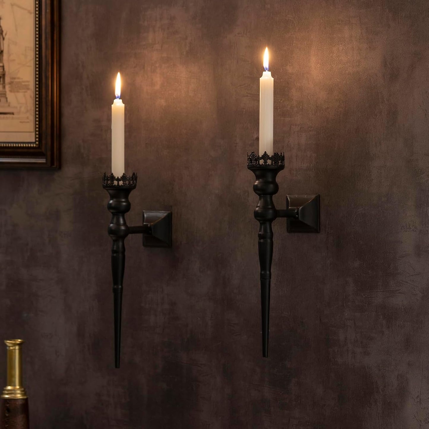 Gothic Wall Sconce Candle Holder for Taper Candles (Set of 2) Black Iron Crown and Scepter Design Victorian Wall Decor