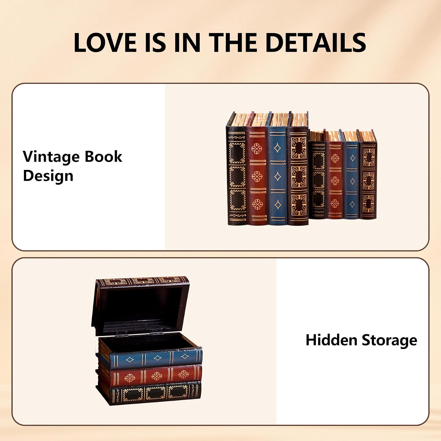 Wooden False Book Box Storage Box / Brown / 7.87 x 6.3 x 5.51 / Set of 2