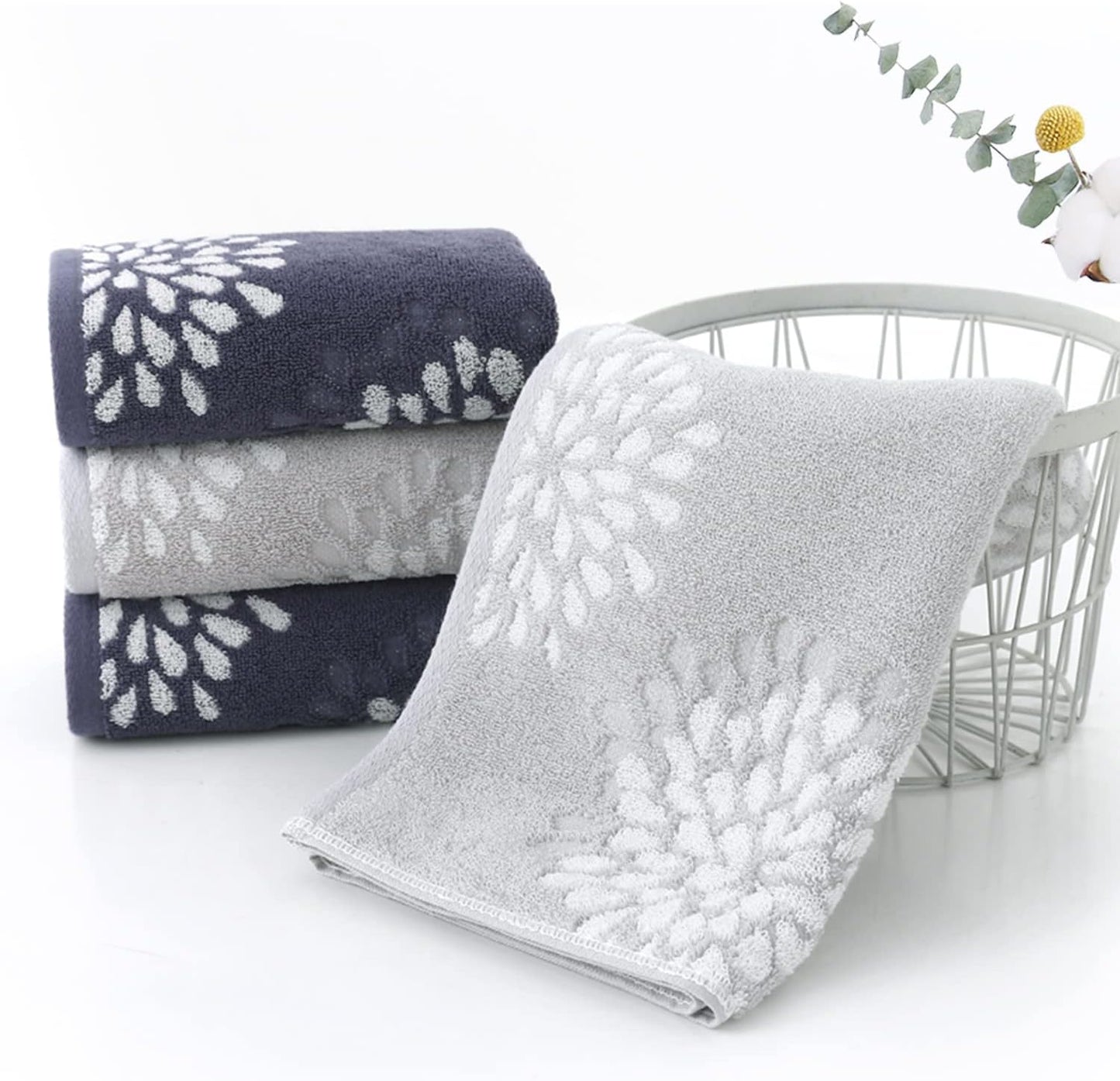 Hand Towels Set of 4 Hydrangea Floral Pattern 100% Cotton Absorbent Soft Decorative Towel for Bathroom (Light Grey)