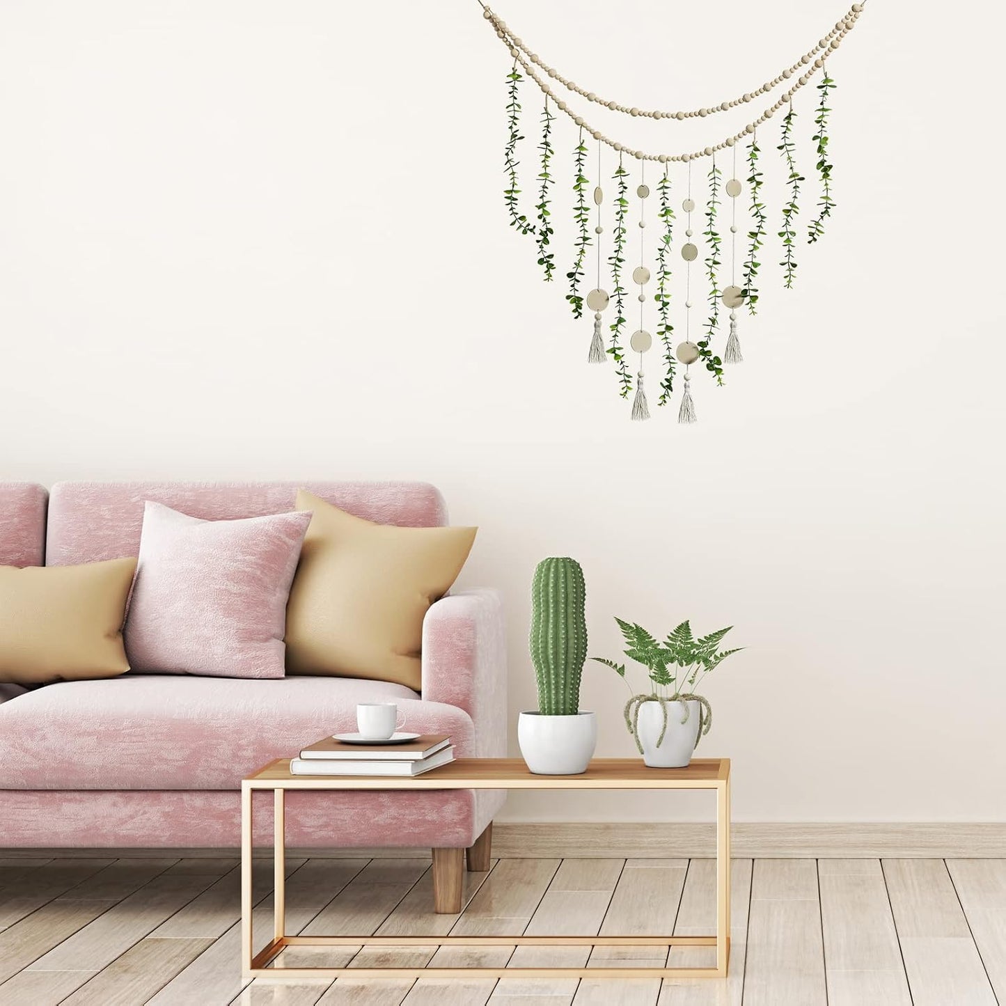 Hanging Eucalyptus Boho Wall Decor Large Boho Bedroom Wall Hanging Wooden Bead Garland / Natural