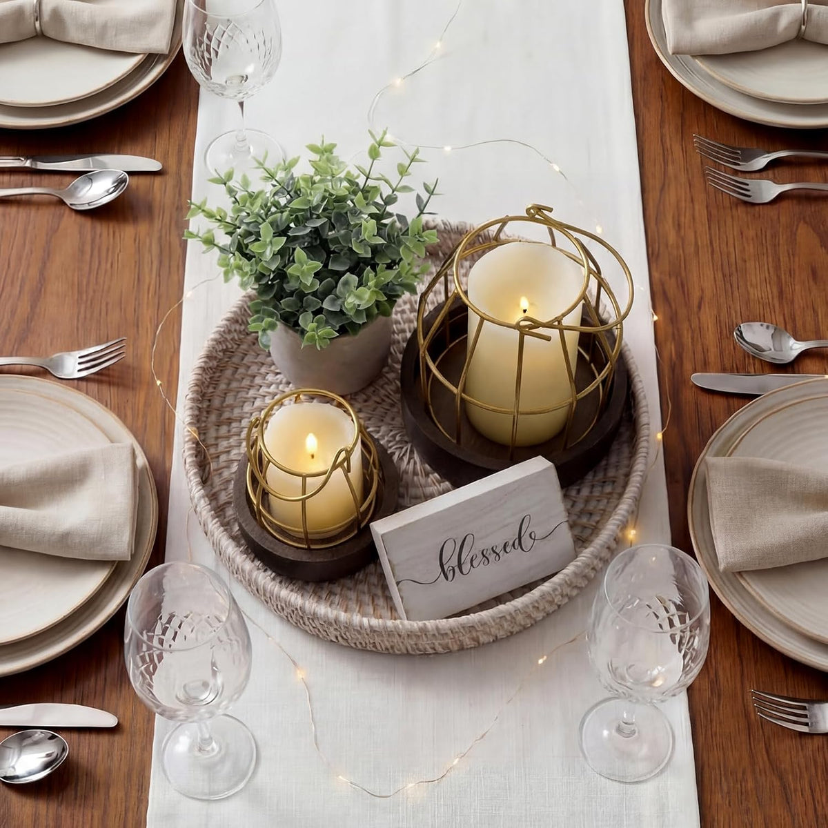 Modern Rustic Farmhouse Candle Lantern Set of 5, Small, Gold, Burlywood | Decorative Lanterns Centerpieces with Tray