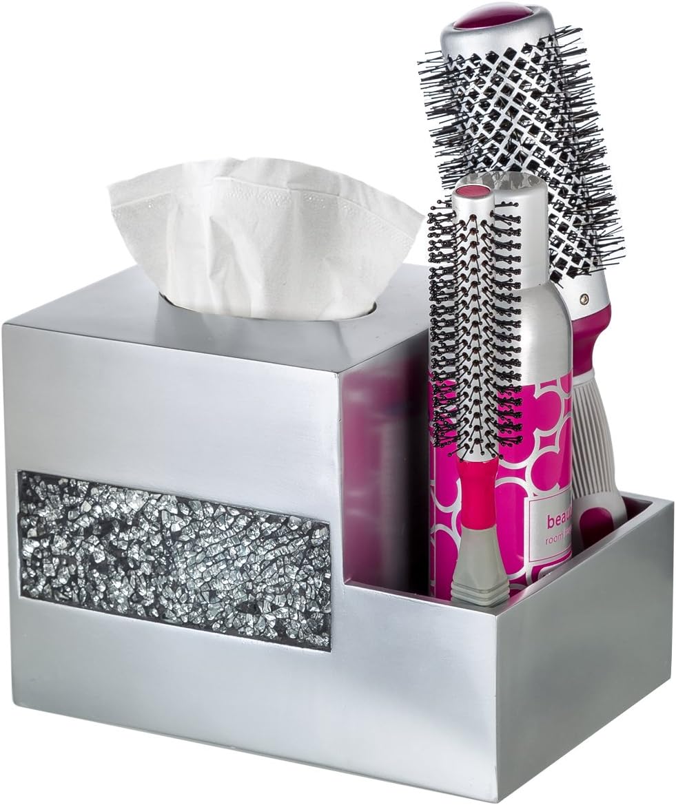 Crackled Glass Tissue Box Cover Square Silver Decorative Multi-function Storage Organizer Caddy; Tissue Box Holder &