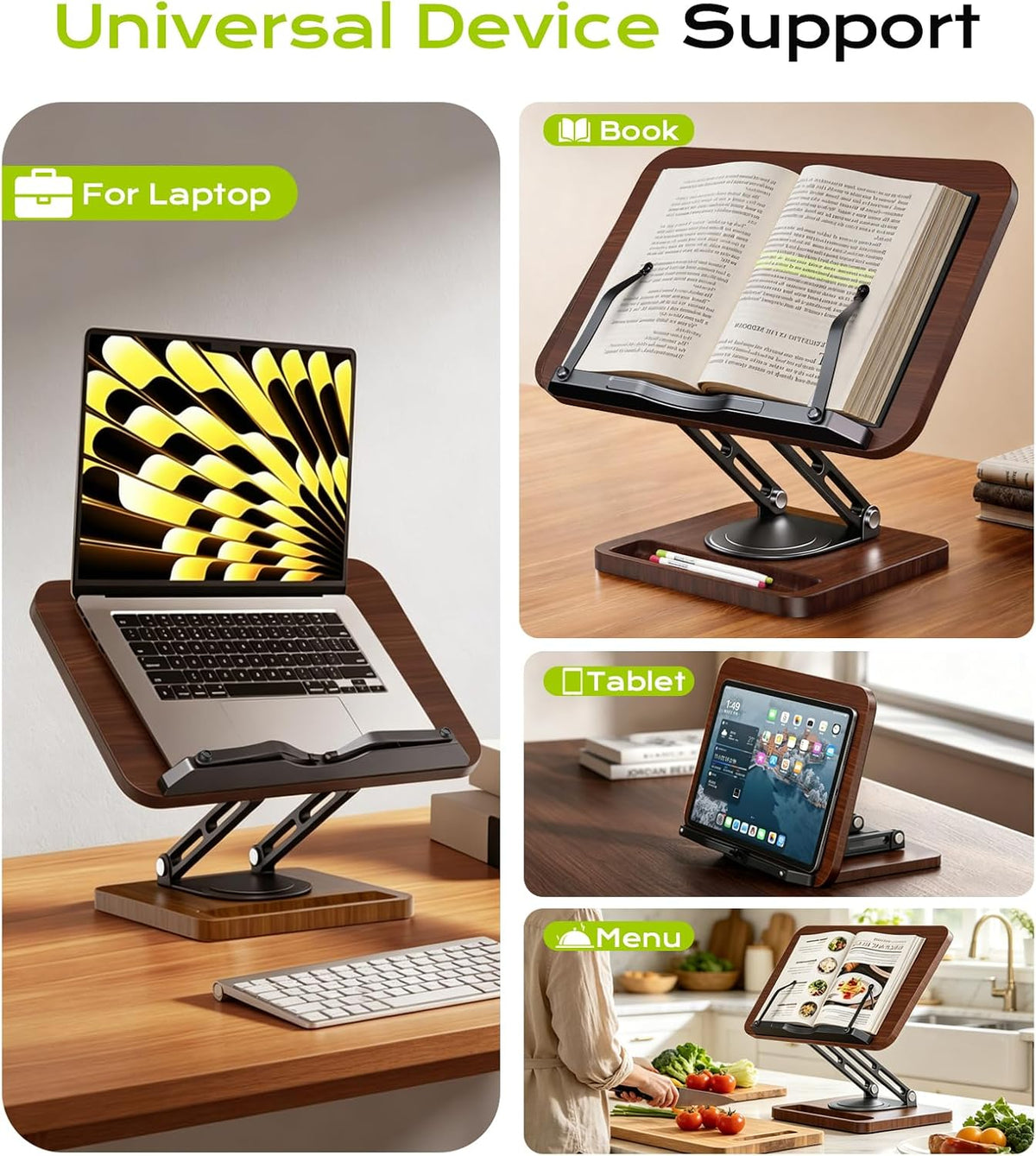 LOXP Book Stand with Storage, 360° Rotating Cookbook Stand, Ergonomic | Adjustable height angle,Hands-free, anti-slip