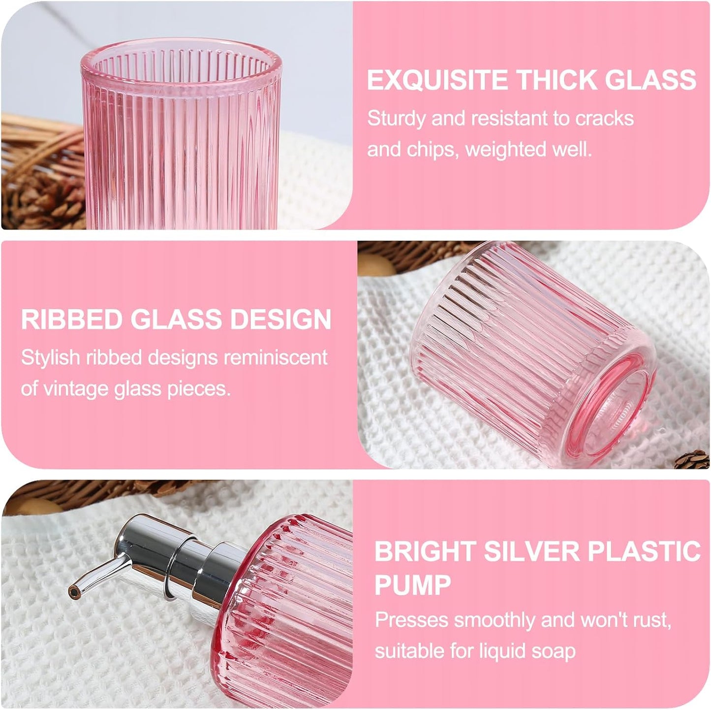 Pink Bathroom Accessories Set, 4 Pcs Glass Bathroom Accessory Set, Pink Soap Dispenser and Toothbrush Holder Set, Qtip