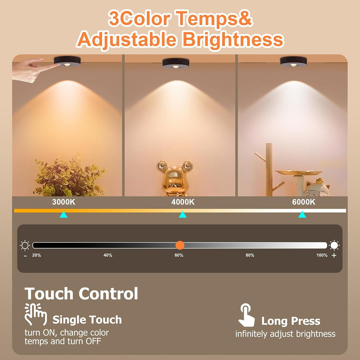 Rechargeable Puck Lights, 3 Color Temp & Dimmable Under Cabinet Lighting wireless, Magnetic Battery Operated Under