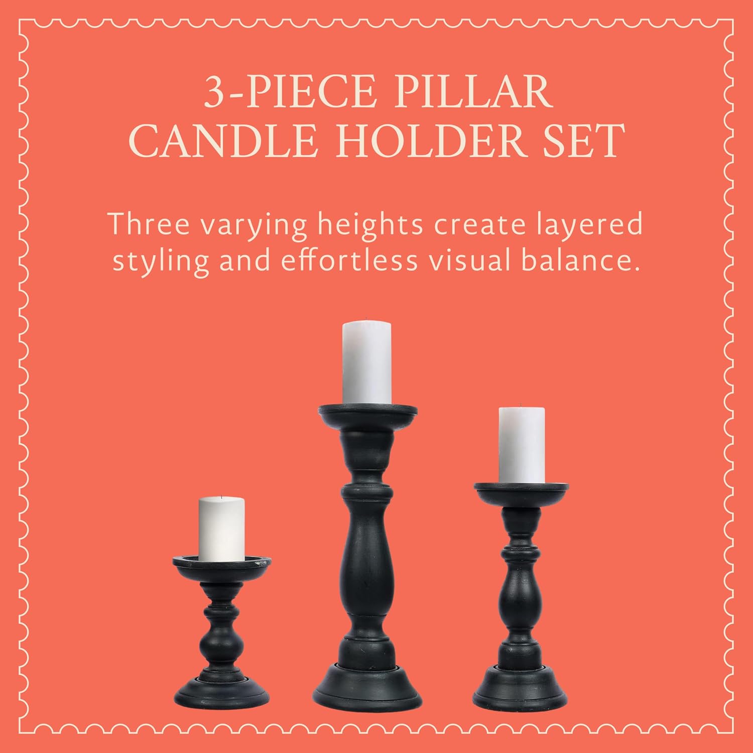 Tuli Mango Wood Candle Holders - Matte Black, Set of 3 | 6", 9" and 12" hand-carved candle holders for table, mantel