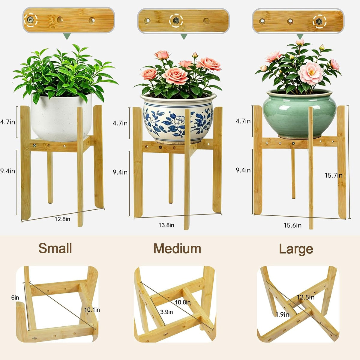 15.7” Bamboo Adjustable Small Plant Stand Indoor for 8-12 Inch Pots 2 pack | Compact Sturdy