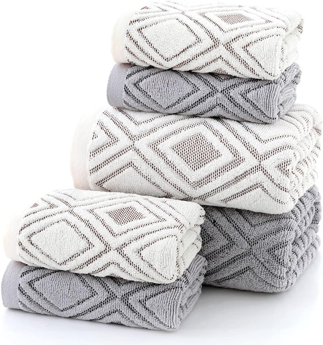 Bath Hand Towel Set of 3 Diamond Pattern 100% Cotton Absorbent Soft Decorative Towels for Bathroom (Beige Brown)