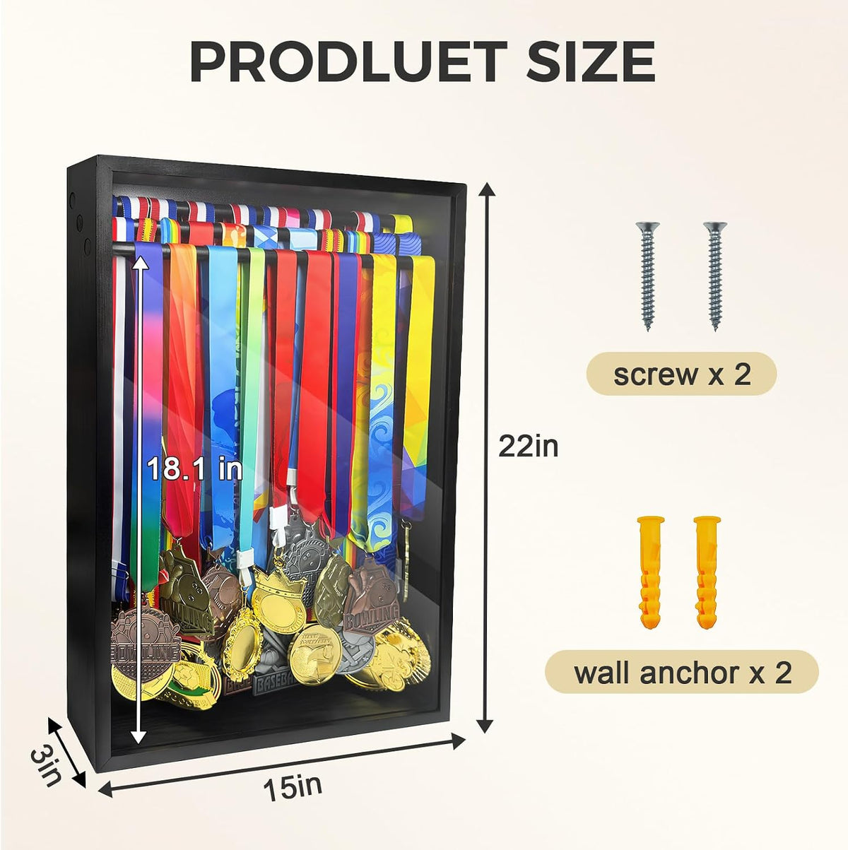 Medal Hanger Display Case, Holds 60+ Medals, HD Tempered Glass | Solid Wood Dust-Proof 22"x15" Wall Mount medal holder