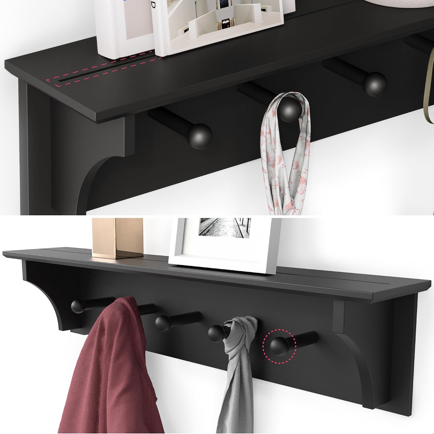 Ballucci Floating Coat and Hat Wall Shelf Rack, 5 Pegs Hook, 24", Black