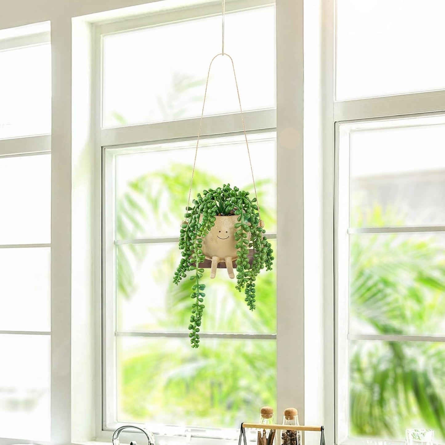 Artificial Hanging String of Pearls Succulent in Smiley Face Swing Planter / Hanging Succulents