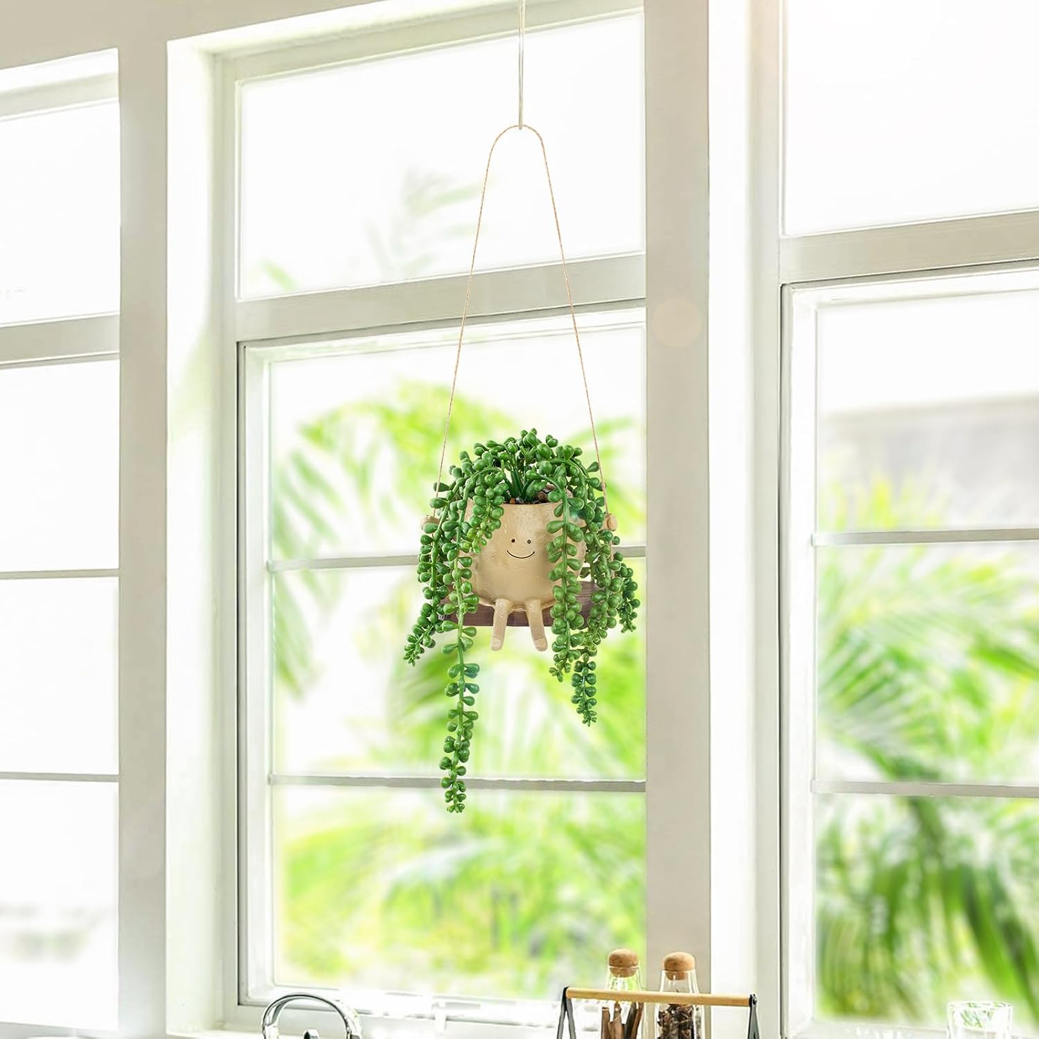 Artificial Hanging String of Pearls Succulent in Smiley Face Swing Planter / Hanging Succulents
